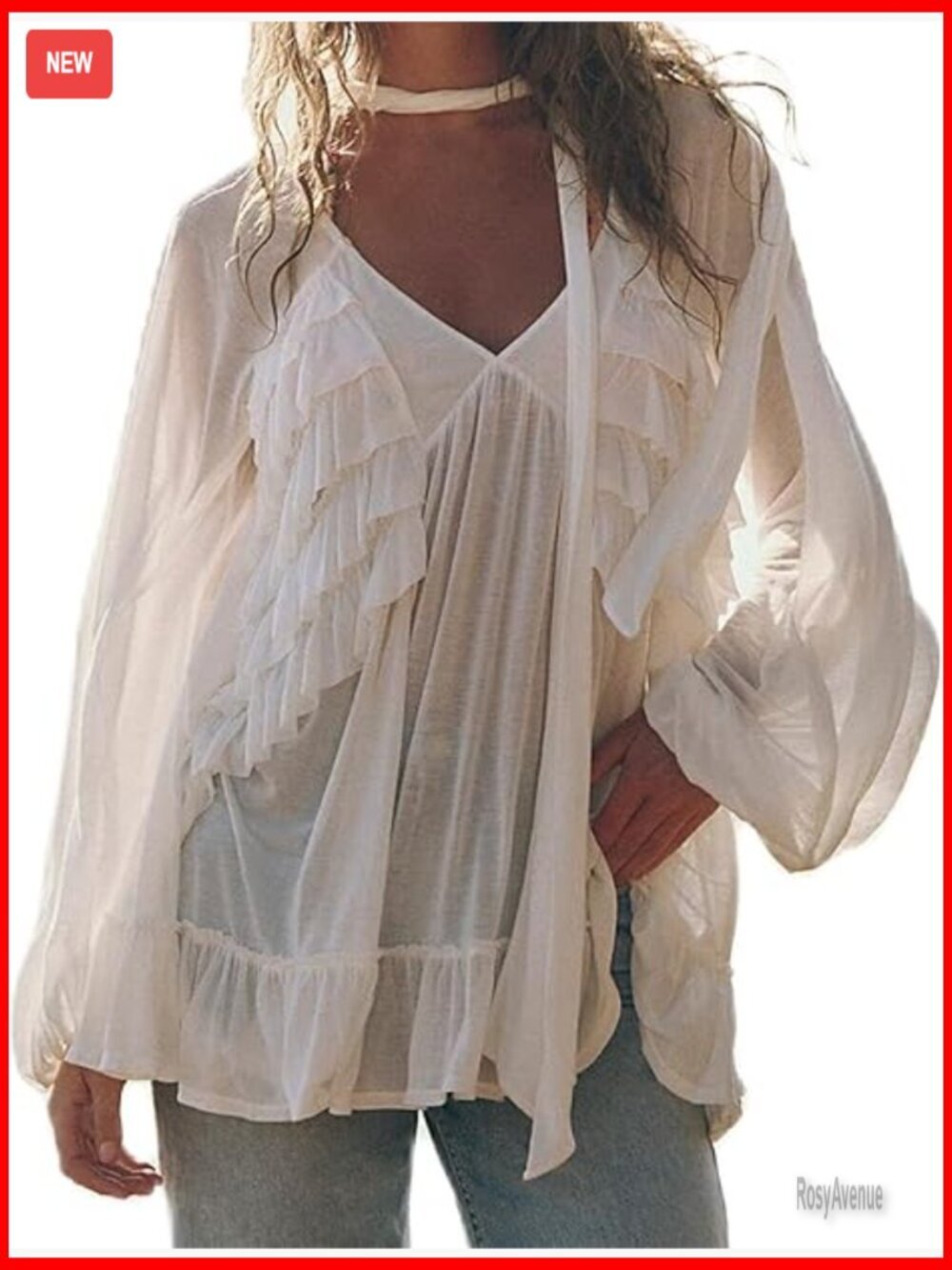 Flowy Ruffle Lantern Sleeve Sheer Mesh Blouse V-Neck Long Sleeve Top Streetwear